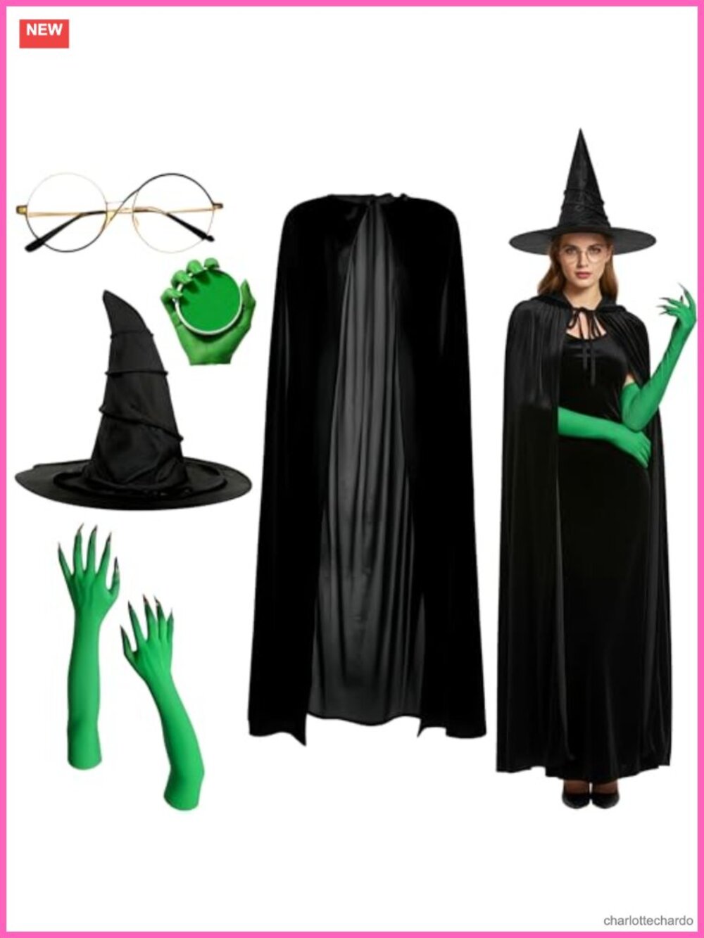 Witch Costume Set Hat Gloves Glasses Cape Face Paint Halloween Cosplay